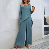 Women's Long Sleeve Top & Wide Leg Pants Set - Irregular Hem, Elastic Waist