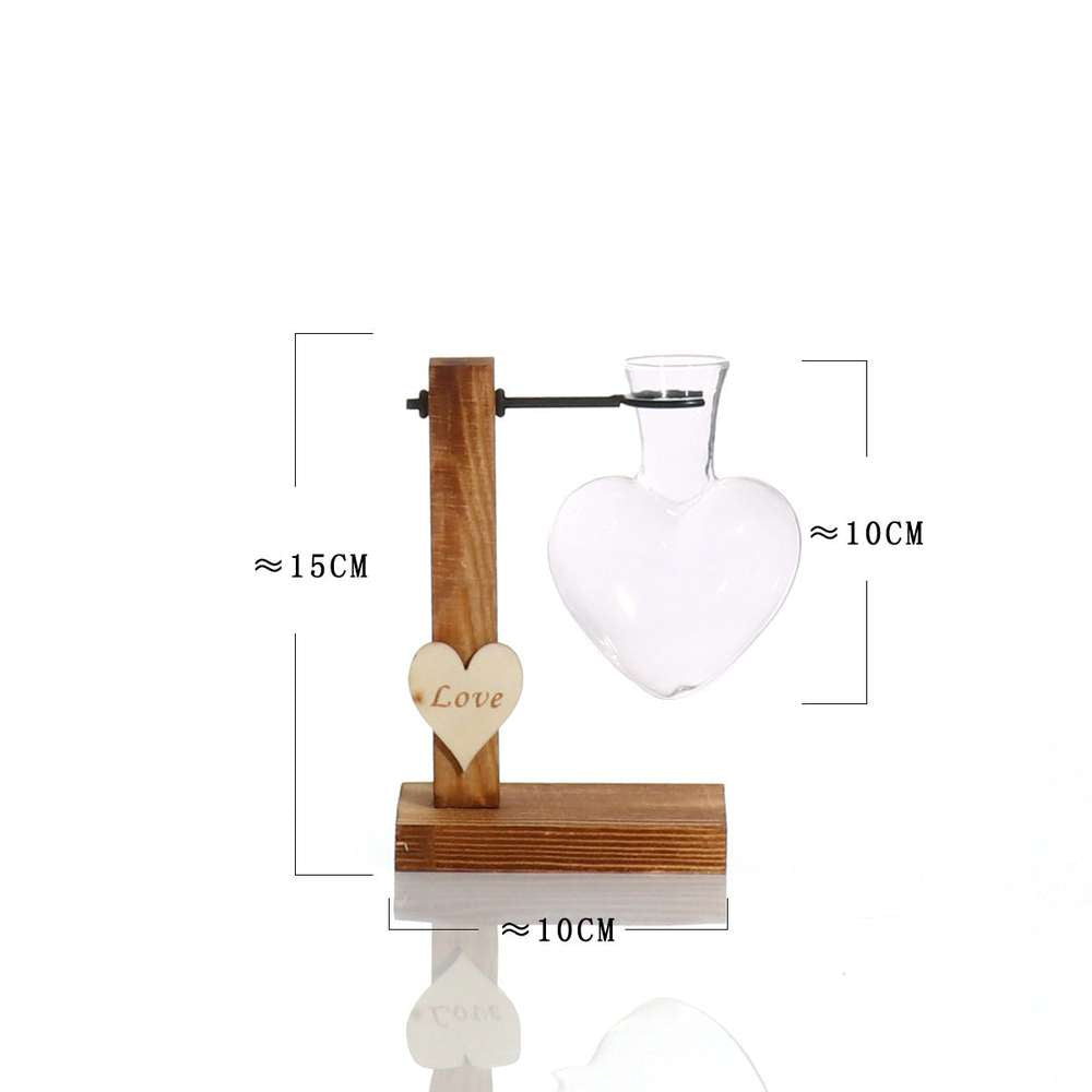 Love Heart Shape Clear Glass Hydroponic Flower Vase with Wooden Stand - Minihomy