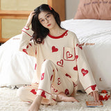 Loose Print Pajamas Women Autumn Winter Pyjama Set Long Sleeves And Trousers Sleepwear - Minihomy