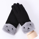 Winter Female Lace Warm Cashmere Three Ribs Cute Bear Mittens Double thick Plush