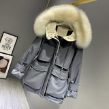 Hooded Faux Fur Collar Women's Clothing Big Pocket Down Jacket Female Winter Coat Woman