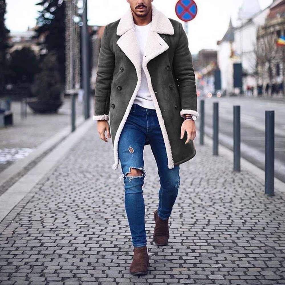 Men's Winter Warm Coat Solid Color Long Sleeve Trench Jackets - Minihomy