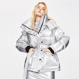 Winter Jacket Thick Mid-length Waist White Duck Down Jackets Slim Belt Silver Shiny Parka