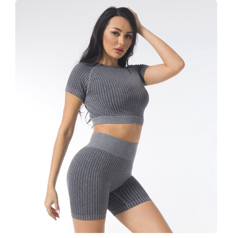 Striped Sports Shorts Short Sleeve Yoga Outfit Set