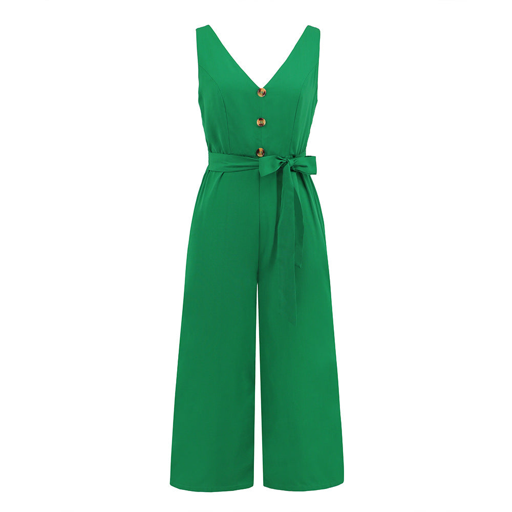 Slim Fit Elegance Sleeveless Button V-neck Jumpsuit