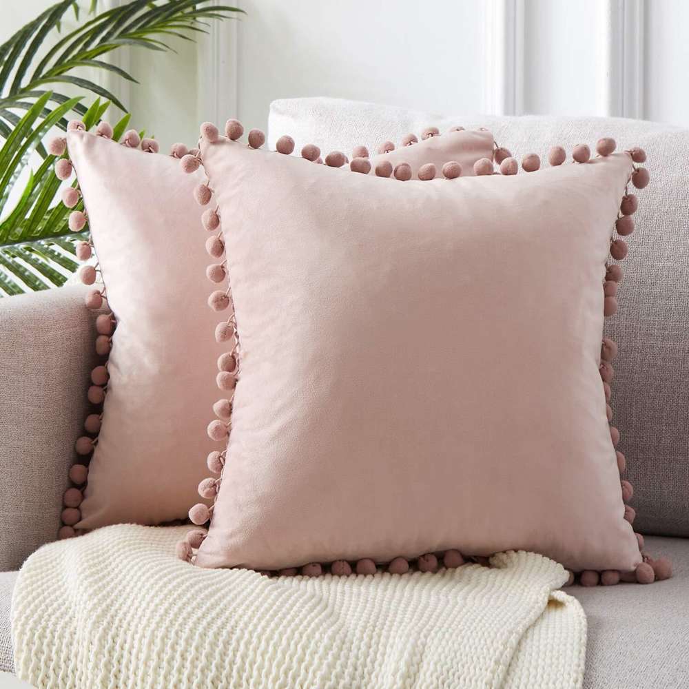 Ball lace pillow velvet solid color sofa short plush ball cushion cover - Minihomy