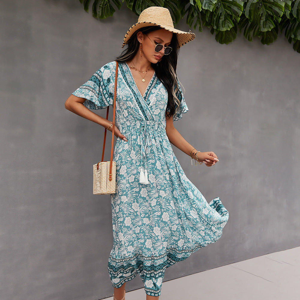 Bohemian Dress Summer Women Clothing Loose V-Neck Casual Beach Sundresses