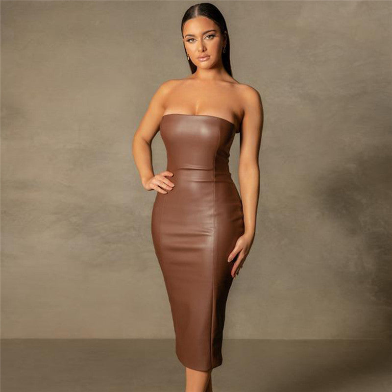 Pure Color PU Leather Temperament Slim Tube Top With Rear Slit