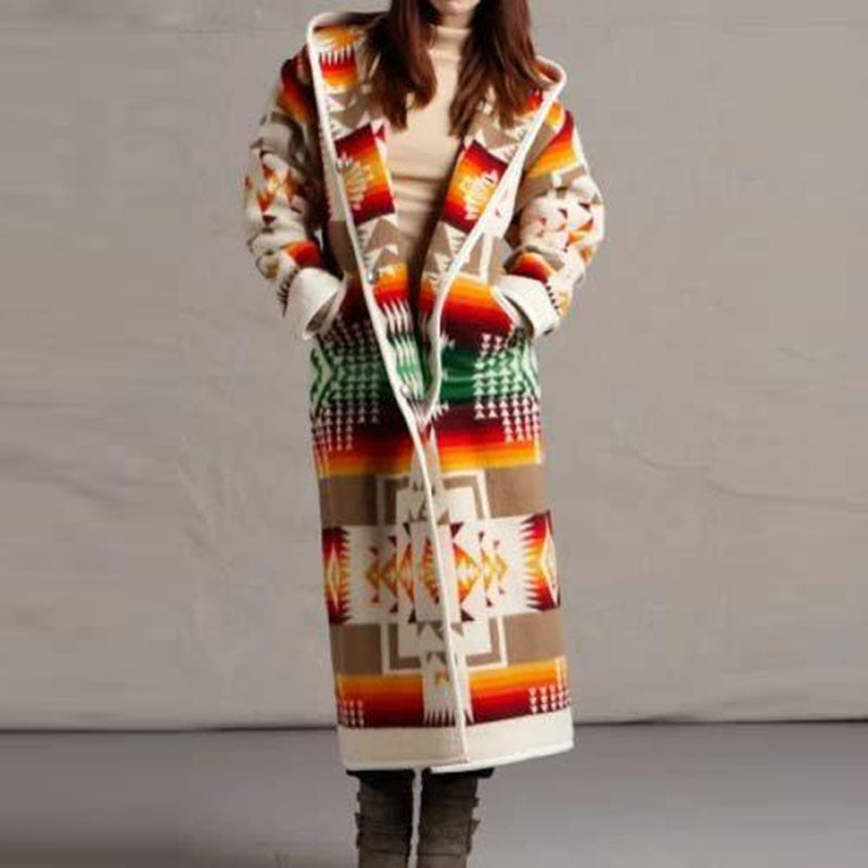 Women's Long Trench Coat Printed Hooded Jacket