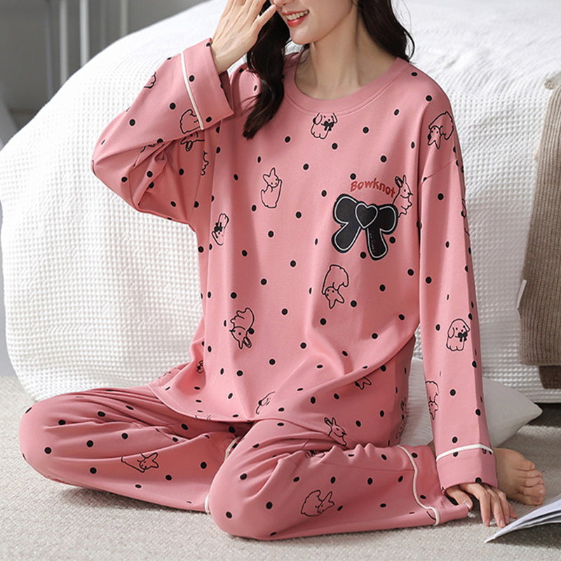 Loose Print Pajamas Women Autumn Winter Pyjama Set Long Sleeves And Trousers Sleepwear - Minihomy