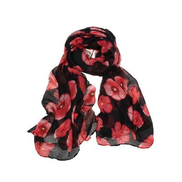 Red Poppy Flower Print Long Scarf