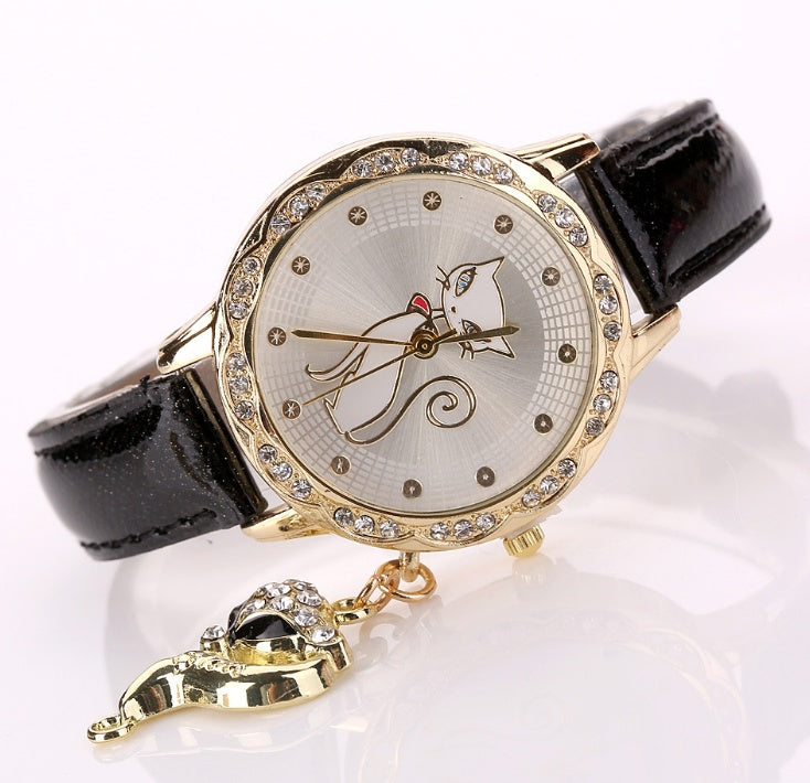 Fashion Cute Cat Pattern watch bracelets Clock Gift Women Girl Watches Luxury Diamond Analog Leather Quartz Wrist Watches