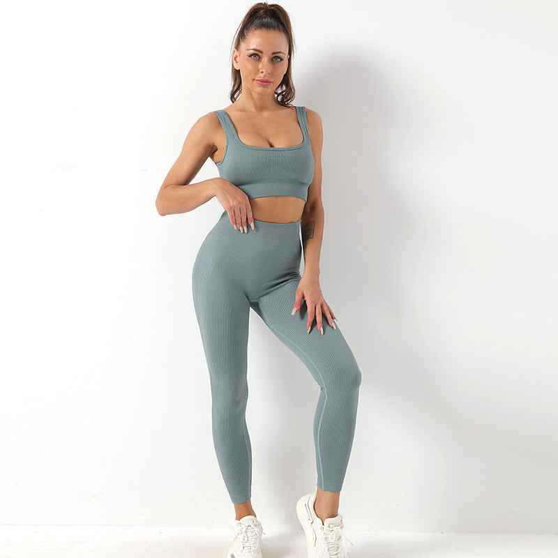 2pcs Thread Yoga Suit Seamless Bra And Butt Lifting High Waist Leggings Set