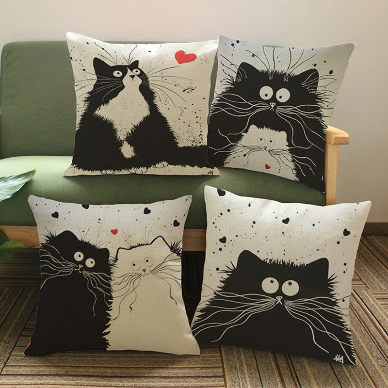 Cat Pillow Cartoon Images Linen Cotton Blend Cushion Cover Pillowcases - Minihomy