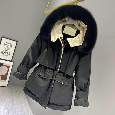 Hooded Faux Fur Collar Women's Clothing Big Pocket Down Jacket Female Winter Coat Woman