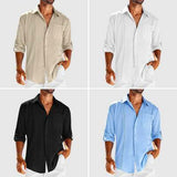 Casual  Long Sleeve Shirt With Pocket Lace Polo Collar Solid Color Button Mens Clothing
