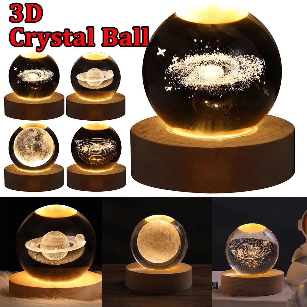 LED Night Light Galaxy Crystal Ball Table Lamp - 3D Planet Moon Lamp for Bedroom Home Decor - Minihomy