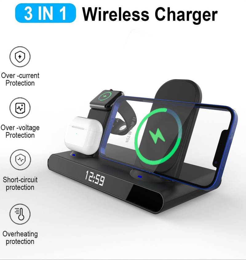 15W 3-in-1 Wireless Charging Station for Phone, Watch & Earbuds - Fast Charging Clock - Minihomy