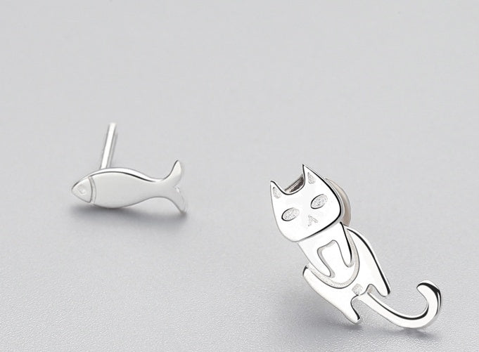 Fashion Asymmetry 925 Sterling Silver Stud Earrings Animal Fish Cat Stud Earrings for Women Personality Jewelry Gifts - Minihomy