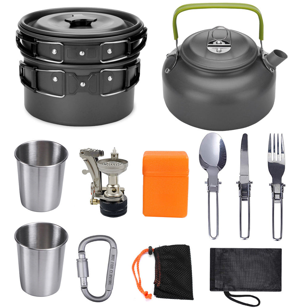 Portable Camping Cooker Stove with Aluminum Cookware Set and Stainless Steel Utensils - 2-3 People - Minihomy