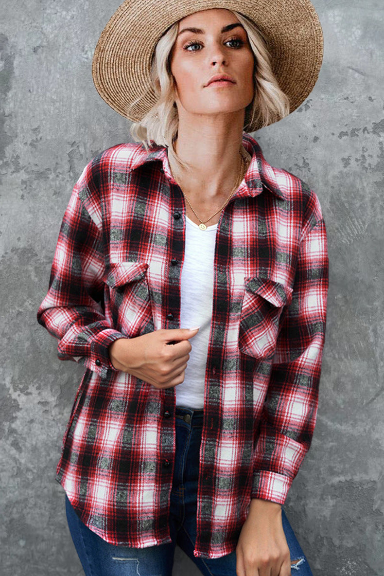 Plaid Shirt Women Spring Mid-length Loose Blouse Turndown Collar Shirt Clothing