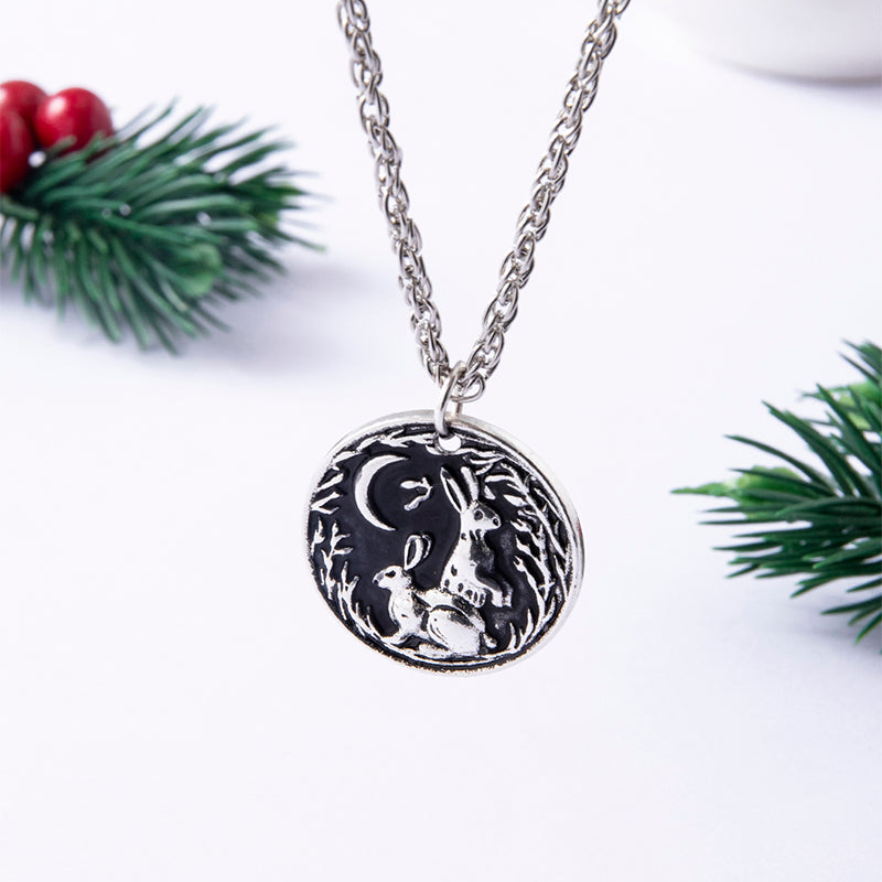 Cute Moon Rabbit Grass Antique Silver Pendant Necklace