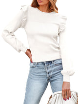 Ruffled Shoulder Long Sleeve Round Neck Slim Rib Knitted Sweater