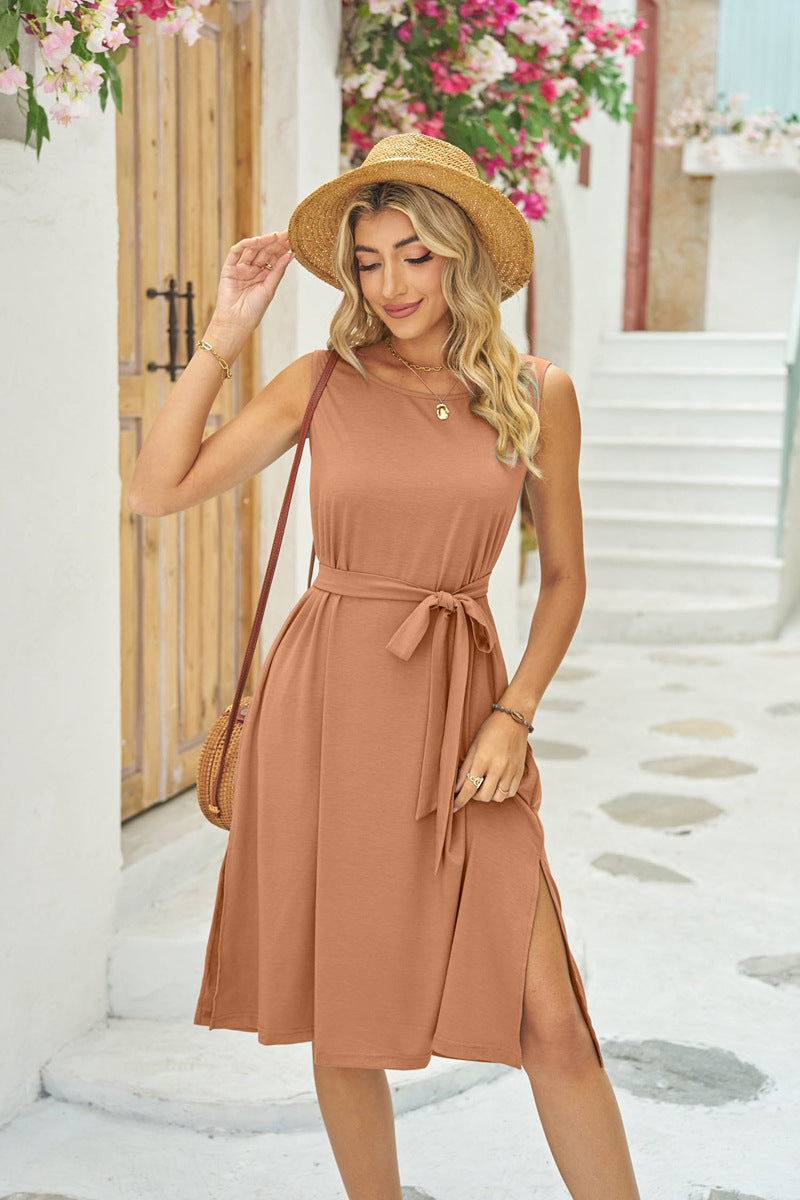 Summer Sleeveless Dress With Pockets Waist Lace-up Slits Dresses Fashion Womens Clothing