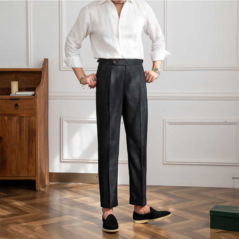 Men's Linen Straight Leg Pants High Waist Trousers Light Casual