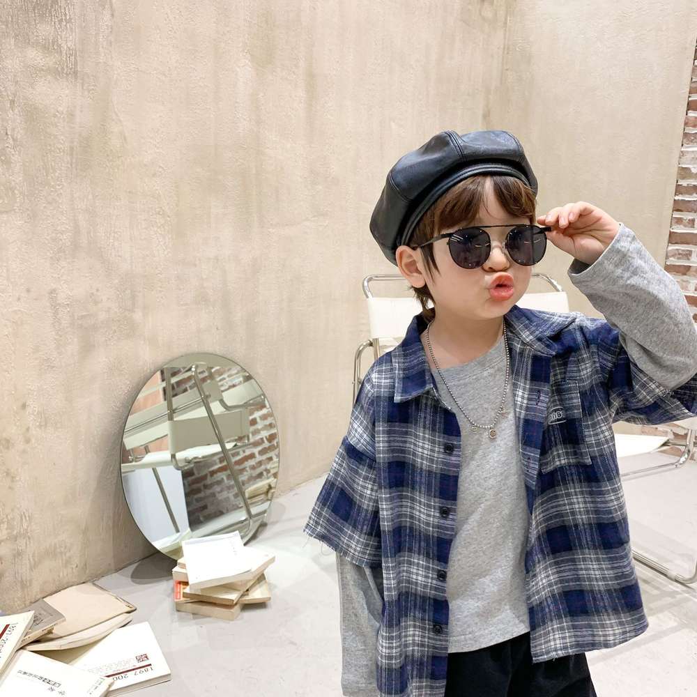 Boys plaid shirt stitching t-shirt - Minihomy