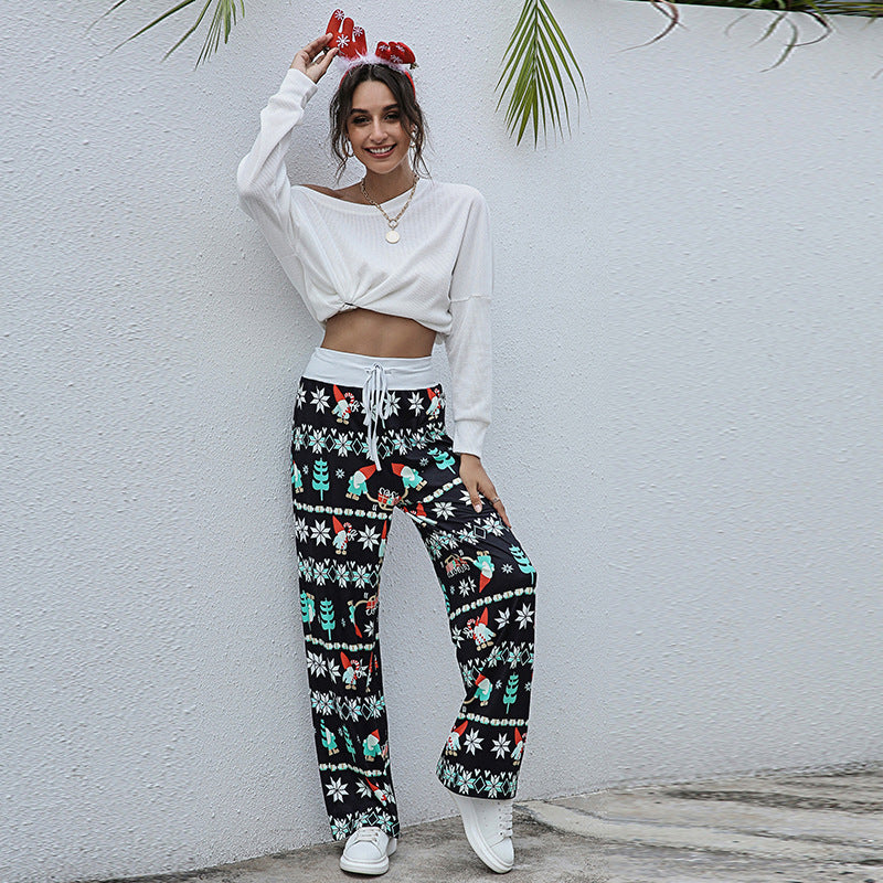 Women Casual Drawstring Trousers With Christmas Snowflake Tree Elk Print