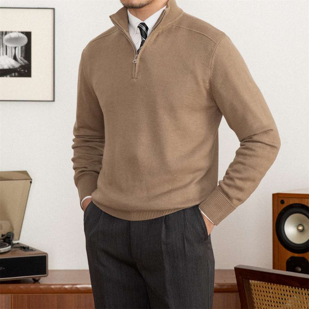 Commuter Slim-Fit Stand-up Collar Zipper Wool Sweater - Minihomy