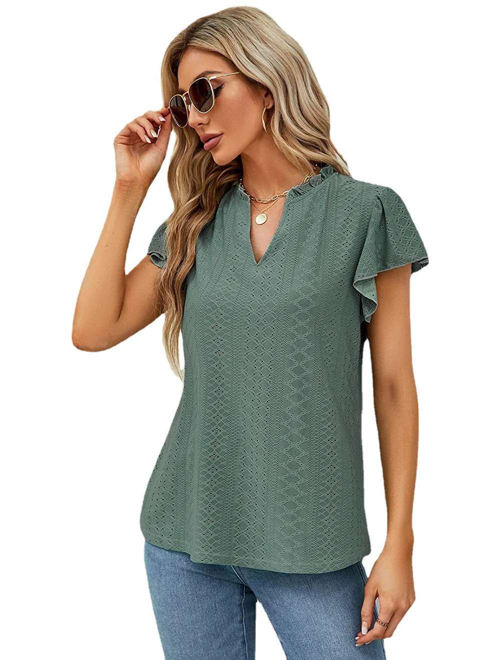 Jacquard V-neck Pile Sleeve Short Sleeve - Minihomy