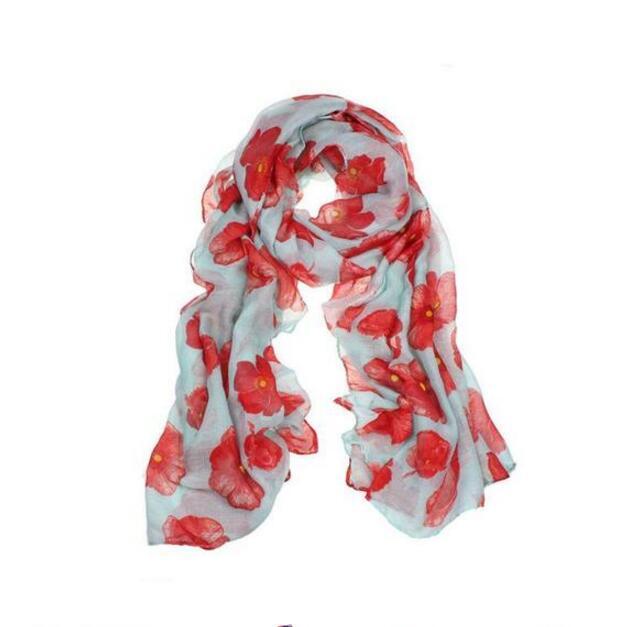 Red Poppy Flower Print Long Scarf