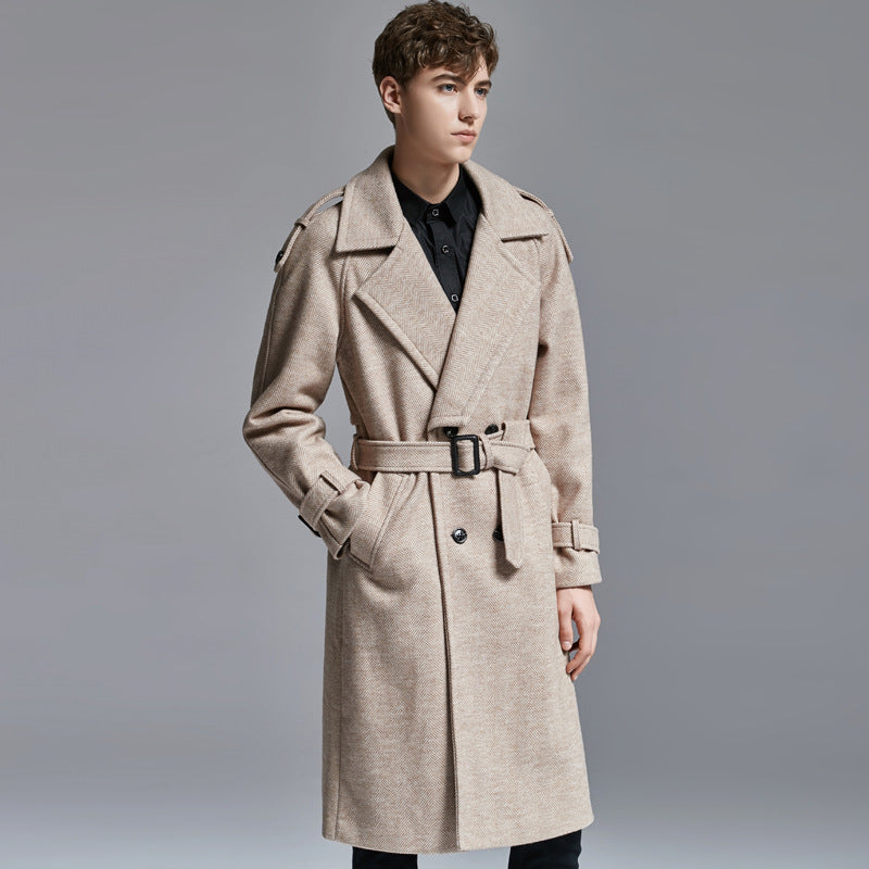 Stay Warm in Style with Our Above-Knee Herringbone Coat for Men