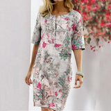 Vintage Dress Women Summer Floral Leaf Print Slit Round Neck Half Sleeve Dresses