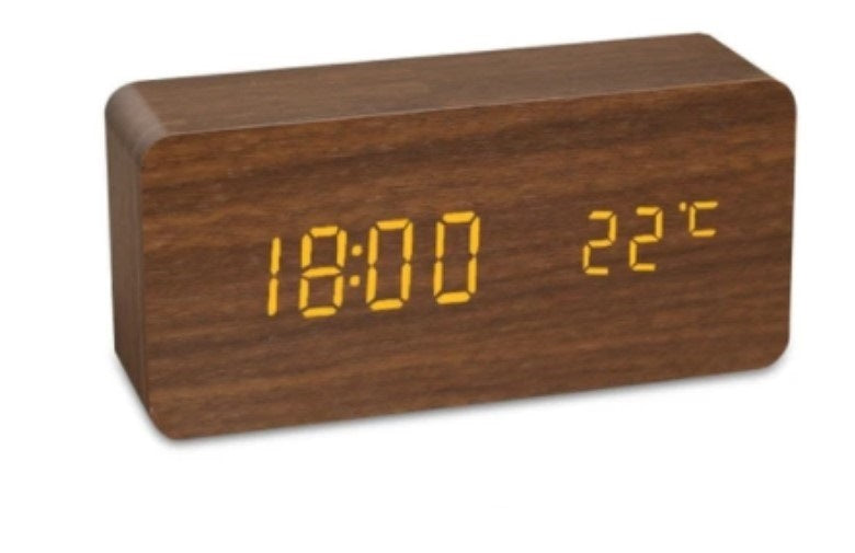 Stylish Wooden LED Alarm Clock Thermometer Voice Control