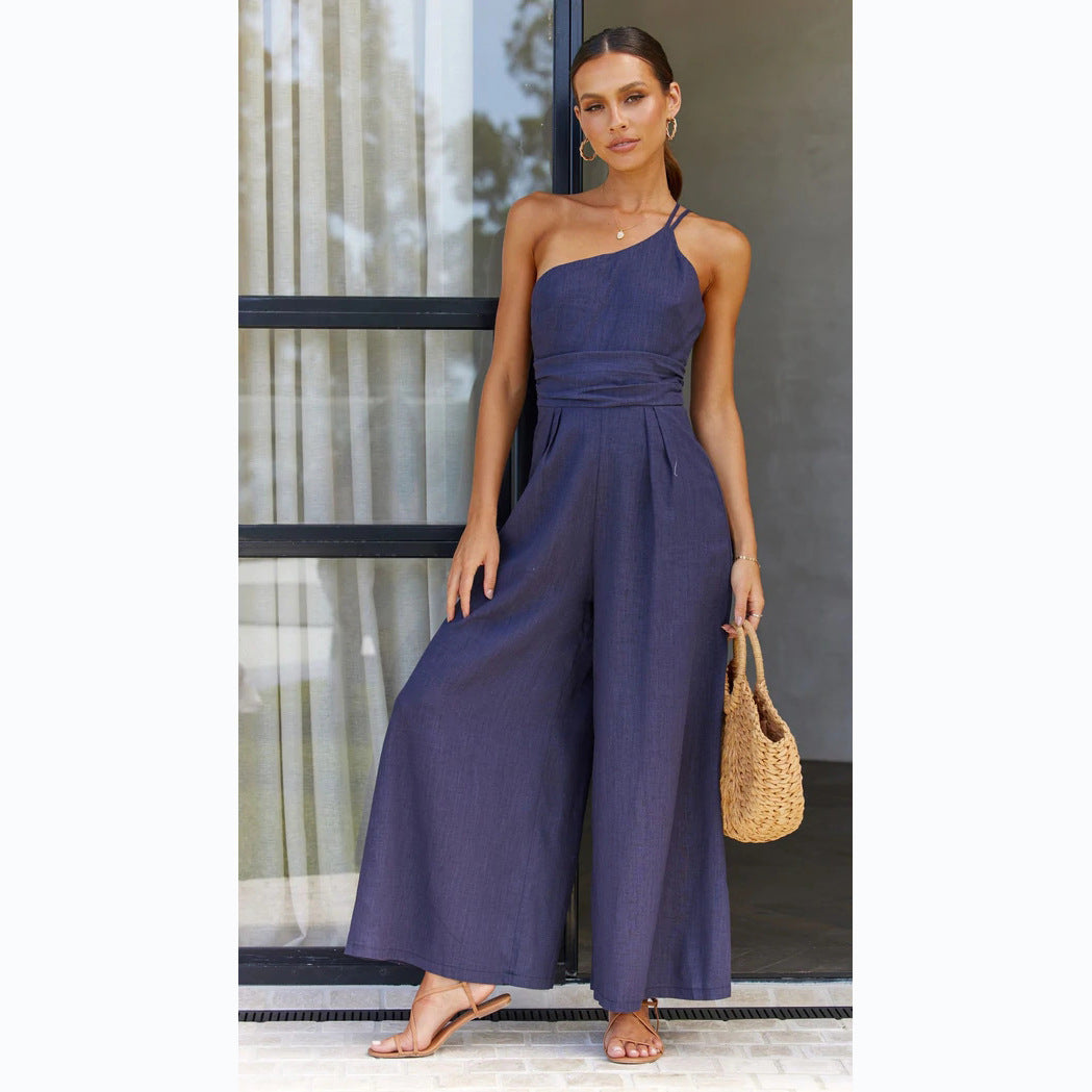 Solid Color Loose Wide-leg Cotton And Linen Jumpsuit