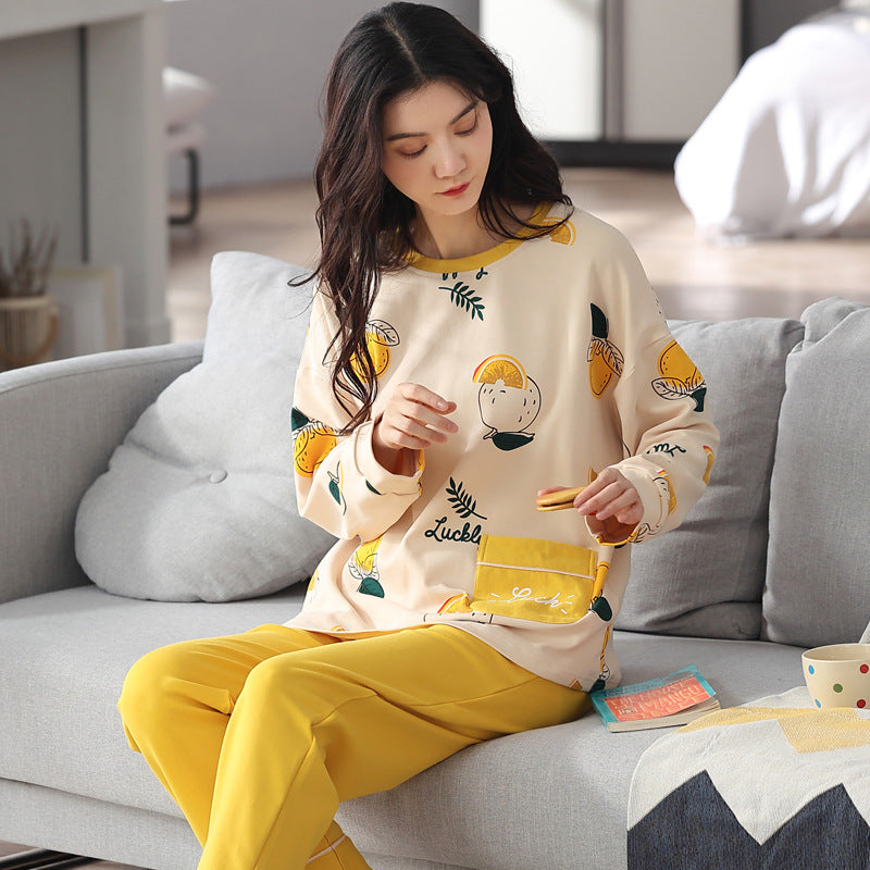 Loose Print Pajamas Women Autumn Winter Pyjama Set Long Sleeves And Trousers Sleepwear - Minihomy