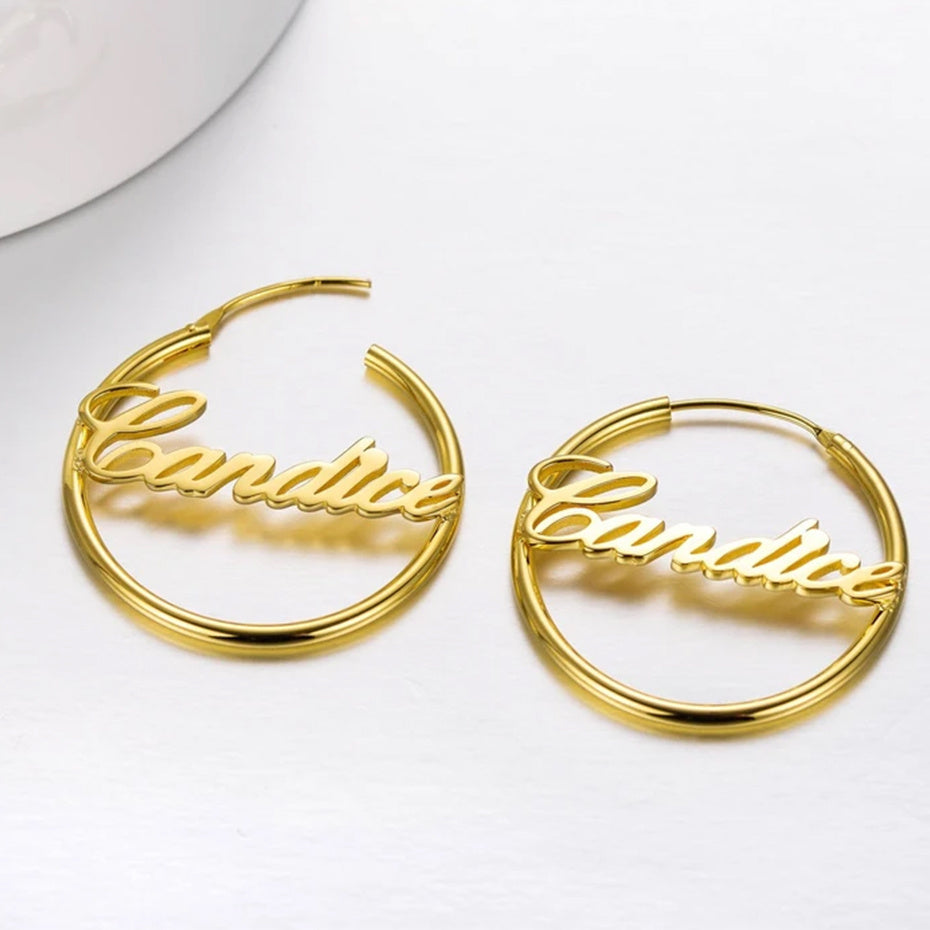 Custom Hoop Earrings Name Letter Stainless Steel Gold Color