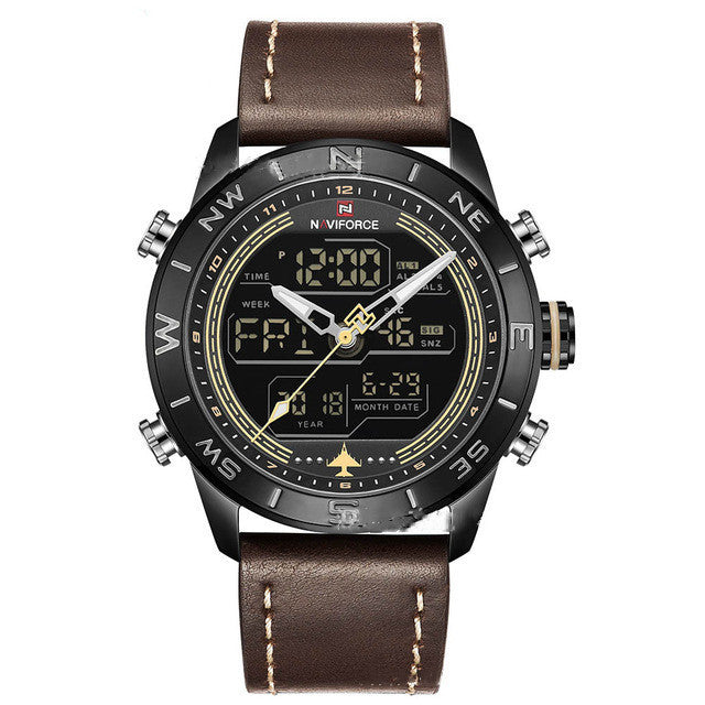 NAVIFORCE 9144 Men's Gold Sport Watch - Analog Digital Military Leather Quartz