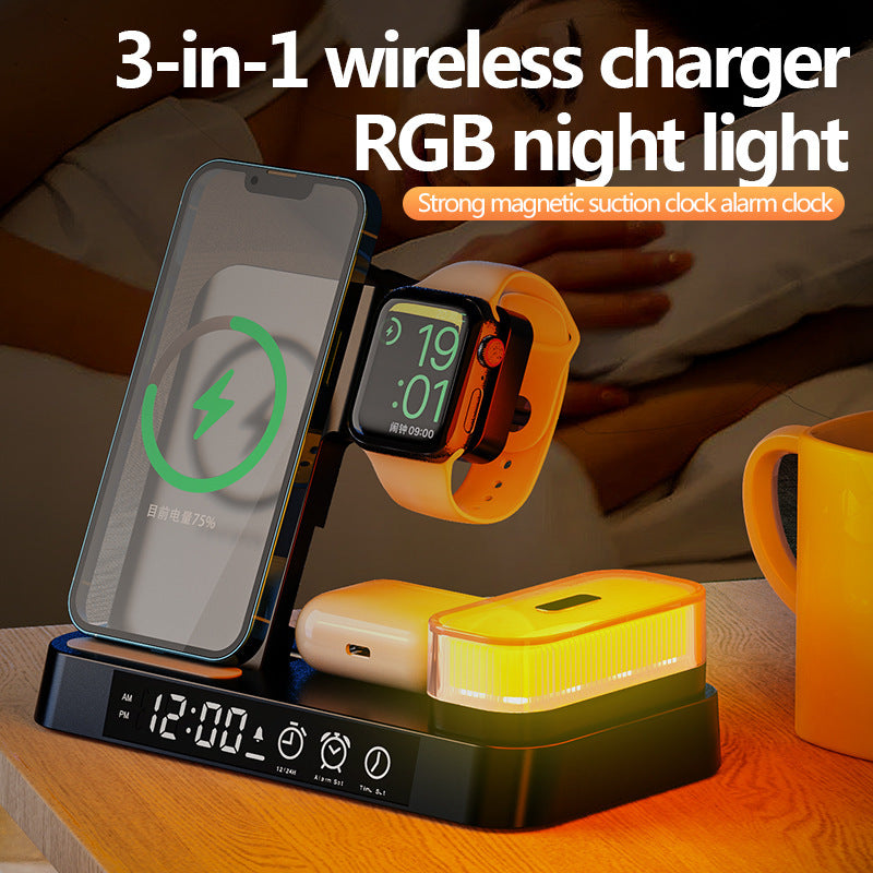 4 In 1 Multifunction Wireless Charger Station With Alarm Clock Display Foldable Stand With RGB Night Light