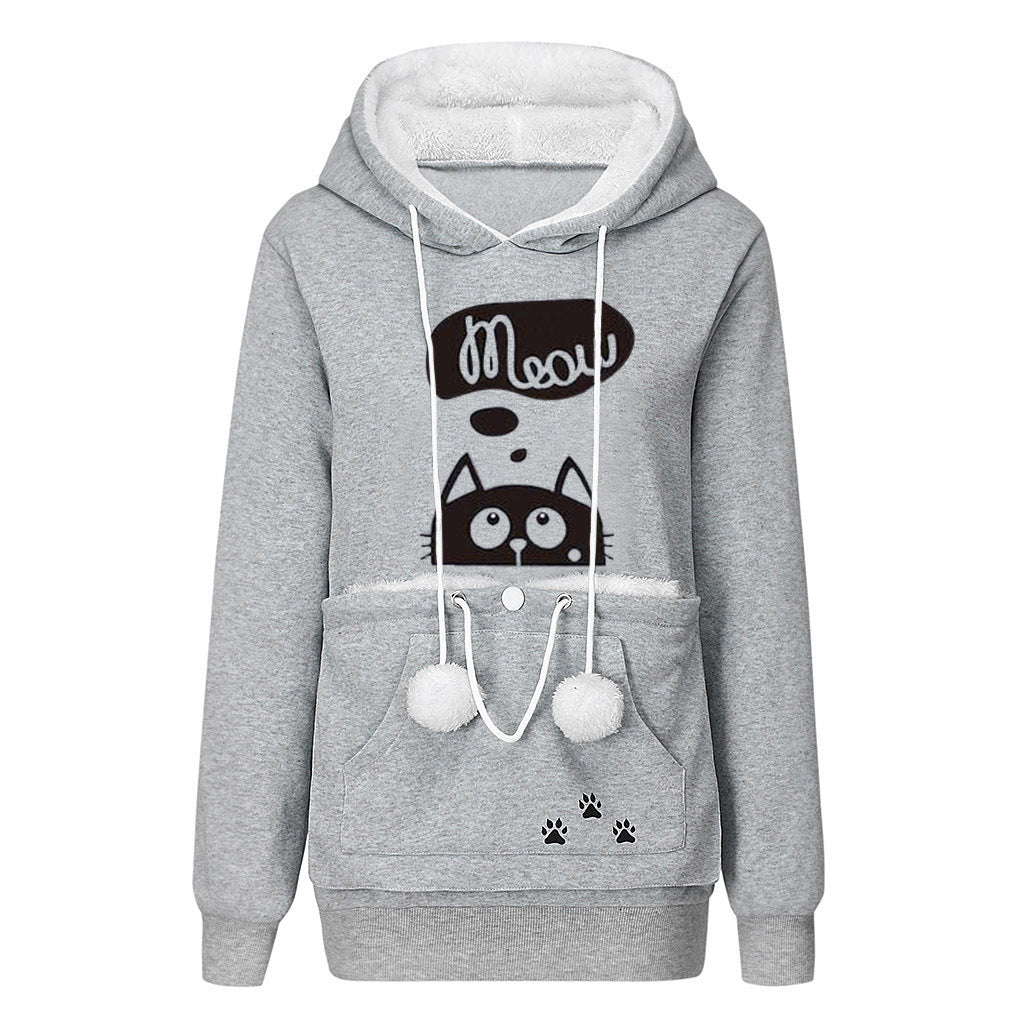 Casual Cat Print Hoodie With Big Pocket for Pets - Women's Long Sleeve Sweater