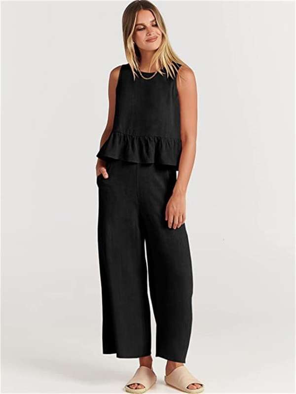 Casual Suit Summer Sleeveless Pleated Vest And Wide-leg Cropped Pants Two Piece Sets - Minihomy