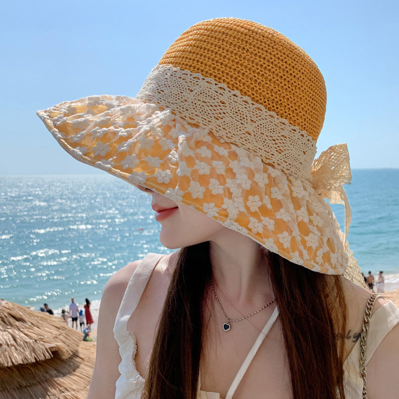 Lace Bow Straw Sun Hat - Wide Brim UV Protection Fisherman Hat for Summer