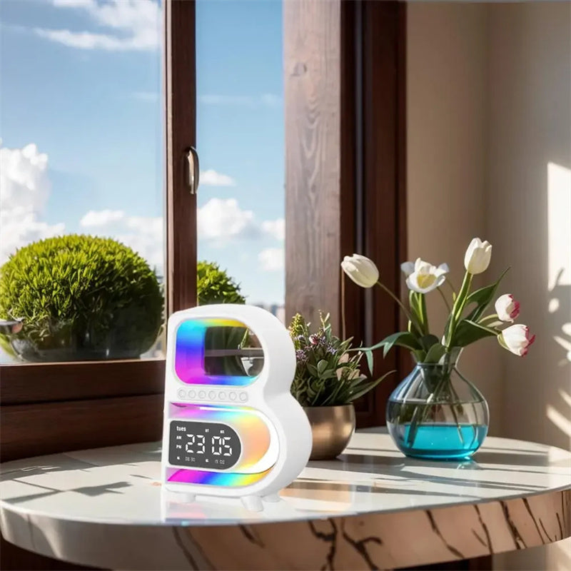 B-Shaped Bluetooth Speaker with Wireless Charger, Smart Music Rhythm Lighting, and Alarm Clock - Minihomy