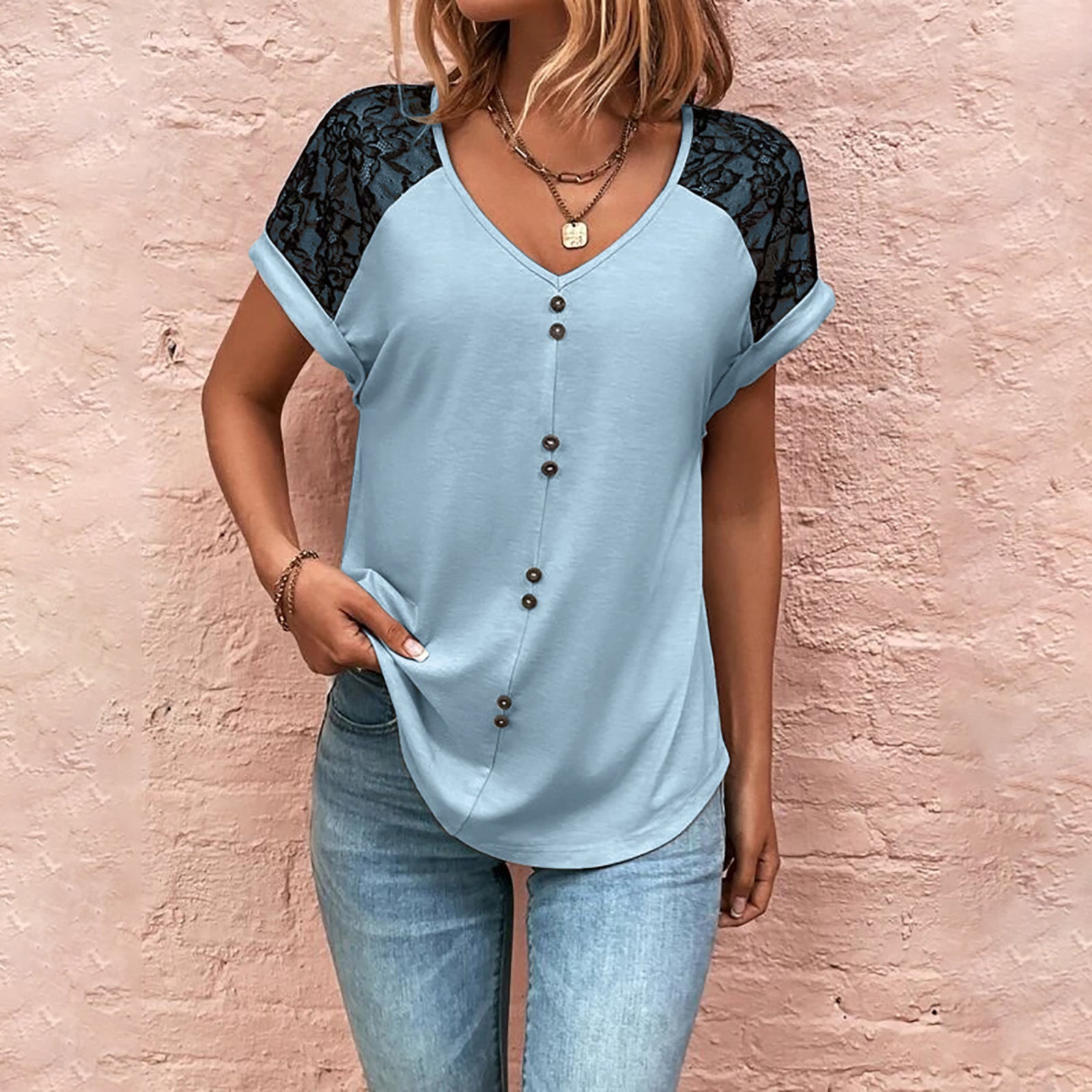 V-neck Top With Button Casual Summer Short Sleeve Pullover Shirt