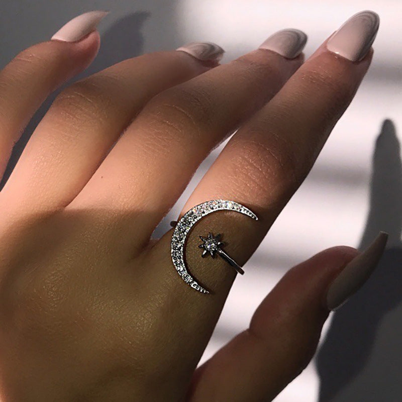 Moon And Star Opening Rings: Fashionable Rhinestone Jewelry