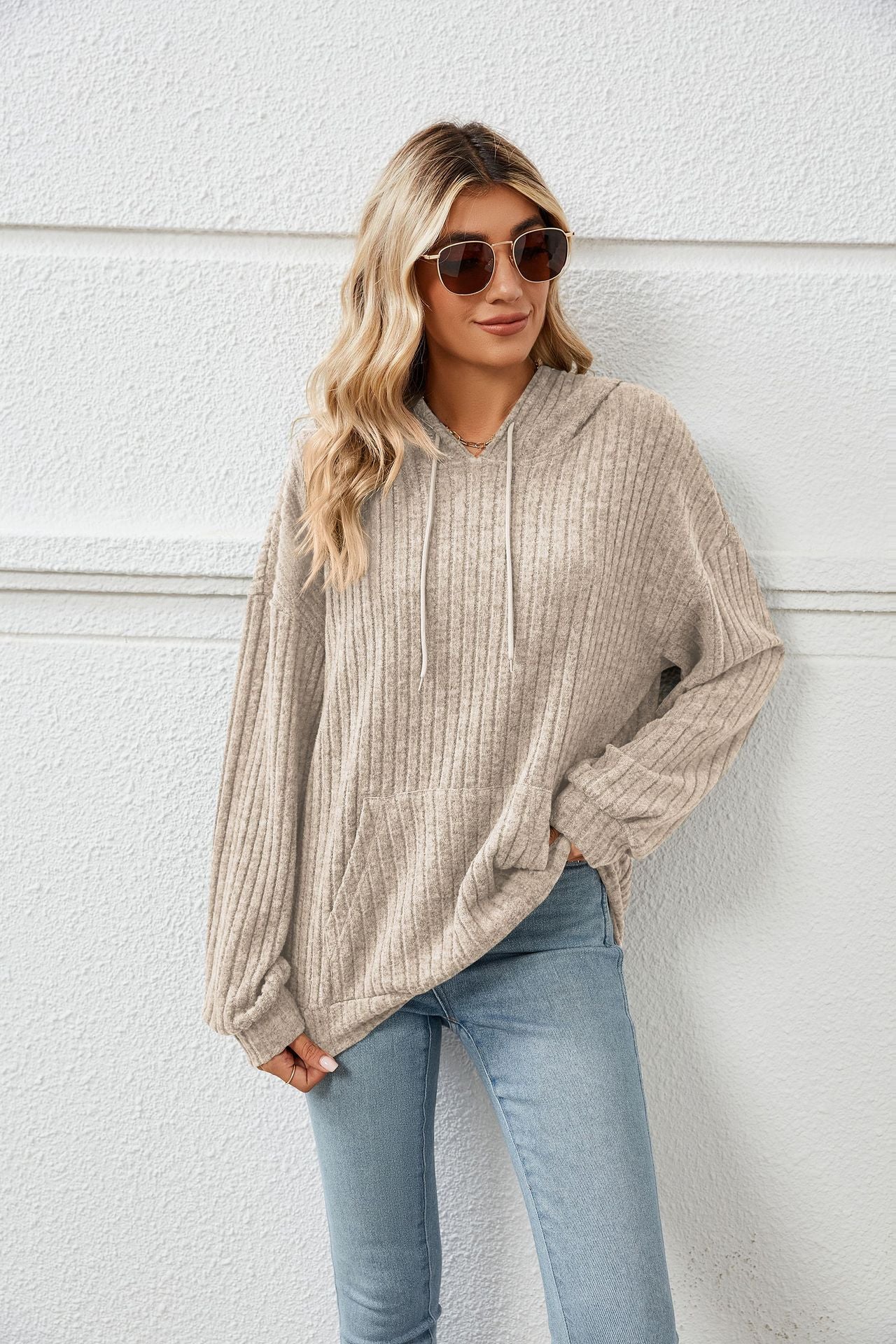 Knitted Sweater With Hooded Pit Stripe Kangaroo Pocket Sweater