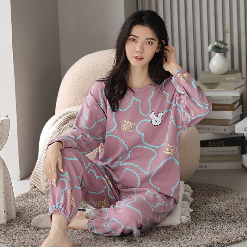 Loose Print Pajamas Women Autumn Winter Pyjama Set Long Sleeves And Trousers Sleepwear - Minihomy